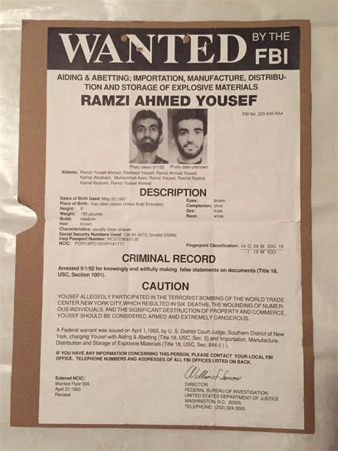 Rare Ramzi Yousef World Trade Center Bomber Fbi Wanted Poster Used 1870416123