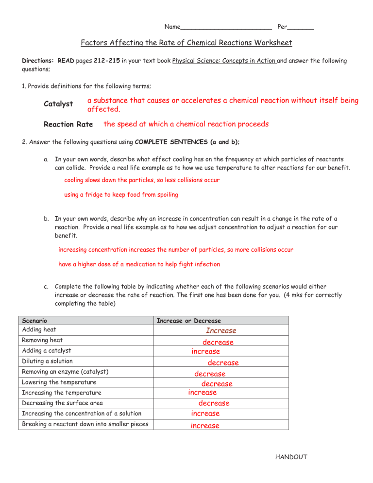 Rate Of Reaction Worksheet With Answer Teaching Resources