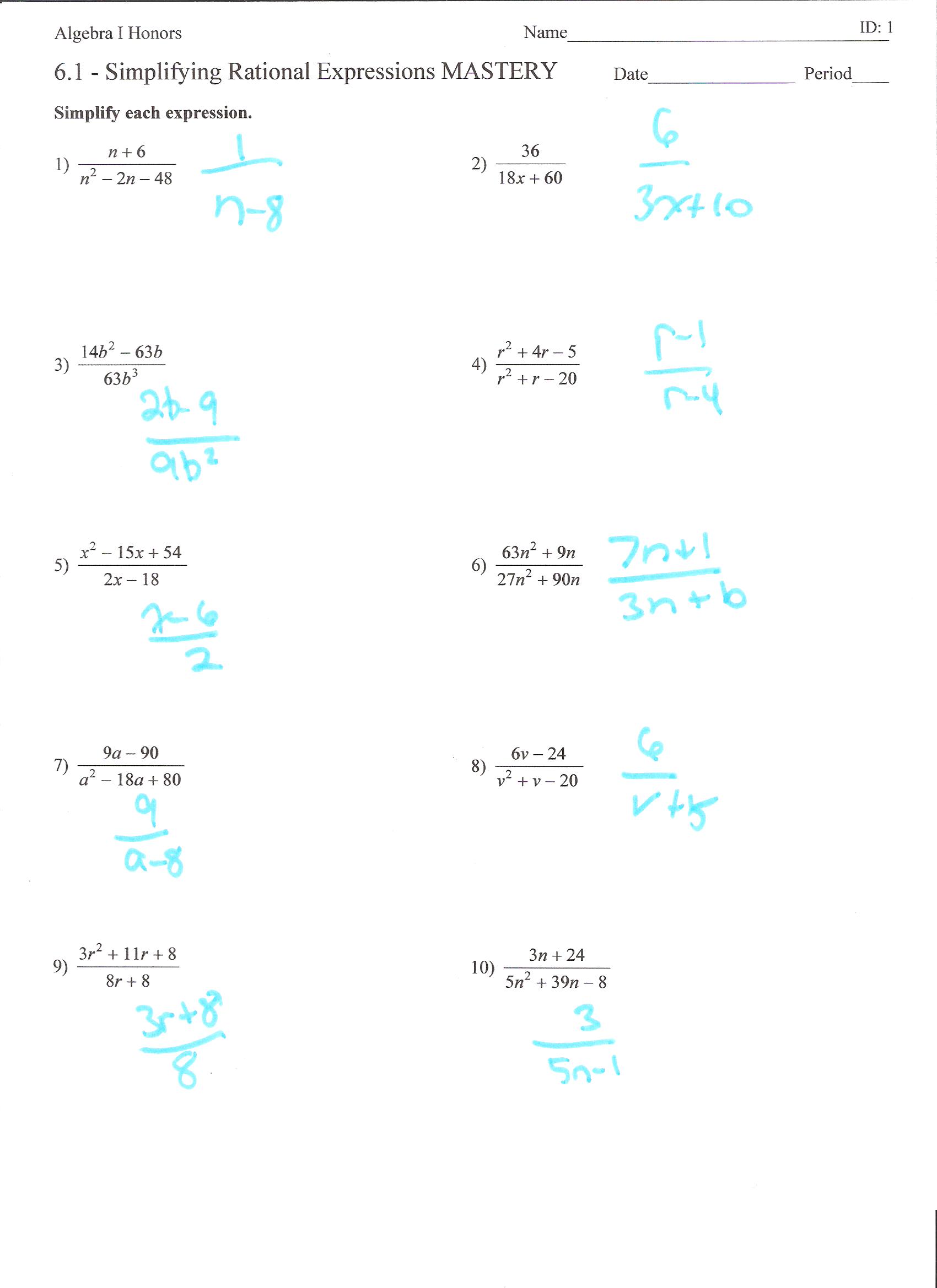 Rational Expression Worksheet 1 Simplifying