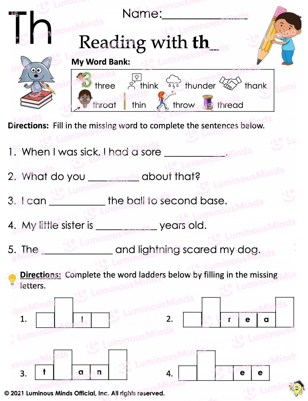 Reading Comprehension Worksheets What Starts With Th Digraph Th