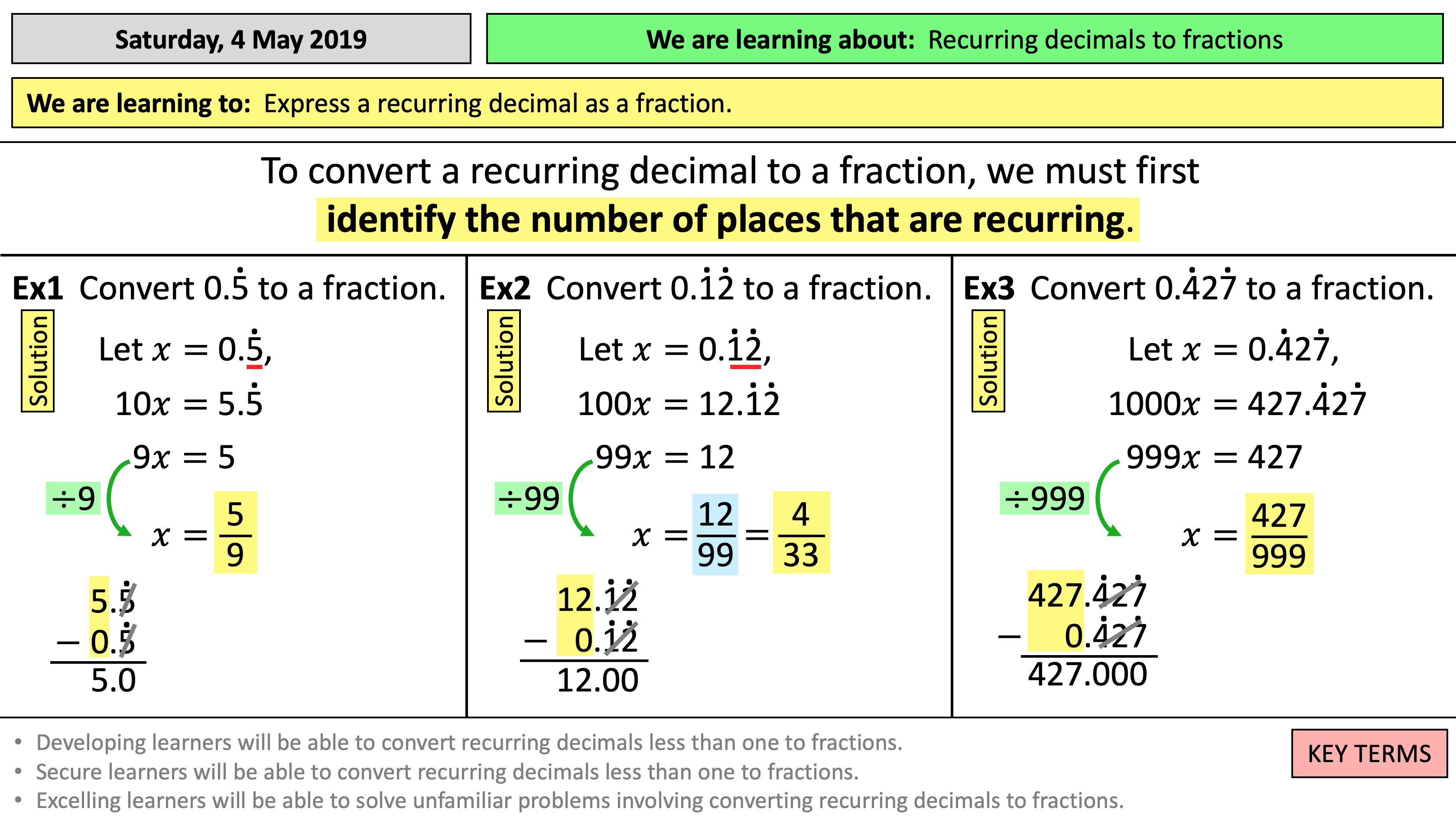 Recurring Decimals To Fractions Algebraic Method Worksheet Cazoom