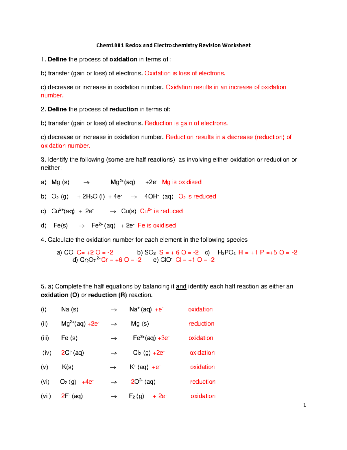 Redox Revision Worksheet Answers Chem1001 Redox And Electrochemistry