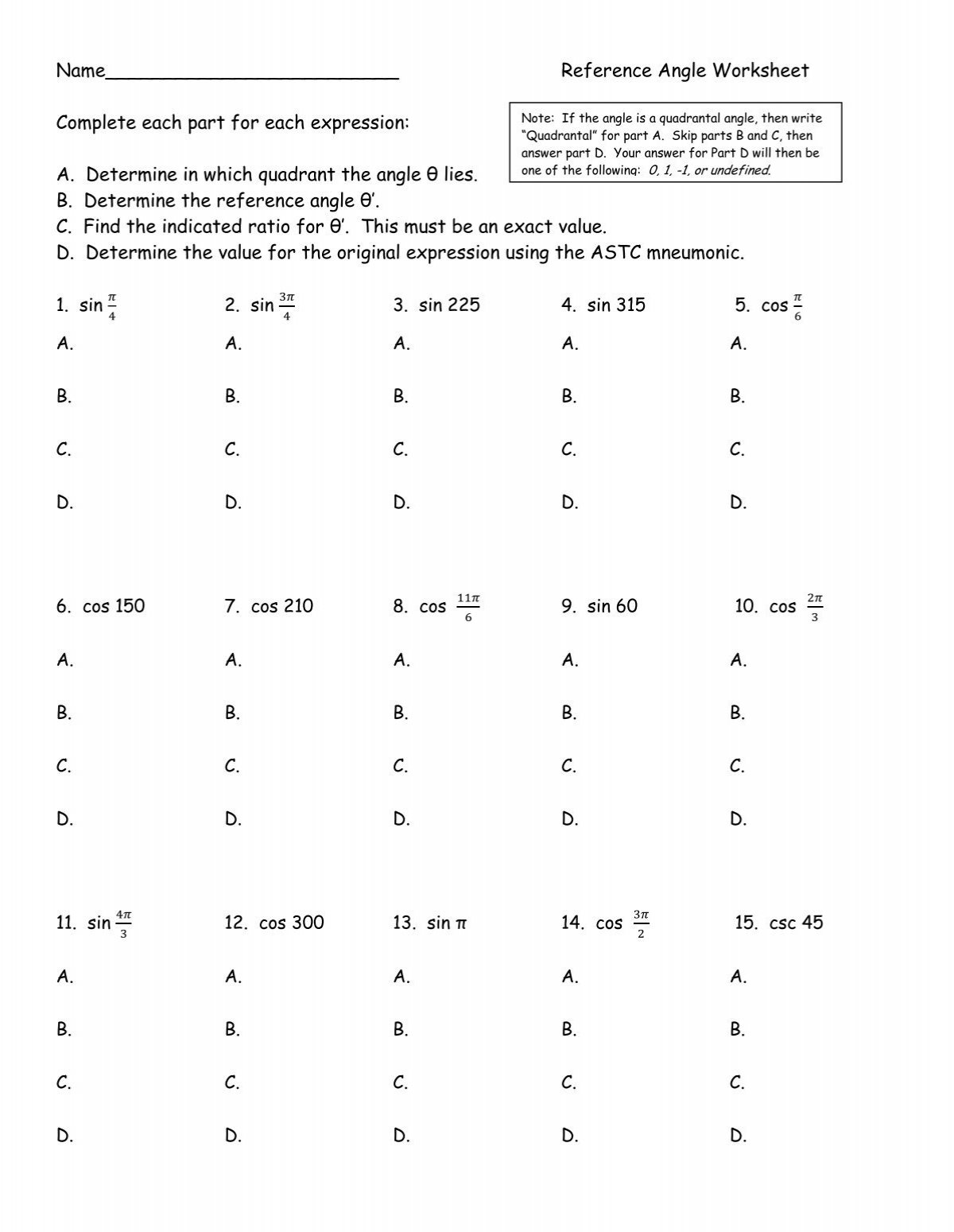 Reference Angle Worksheet With Answers