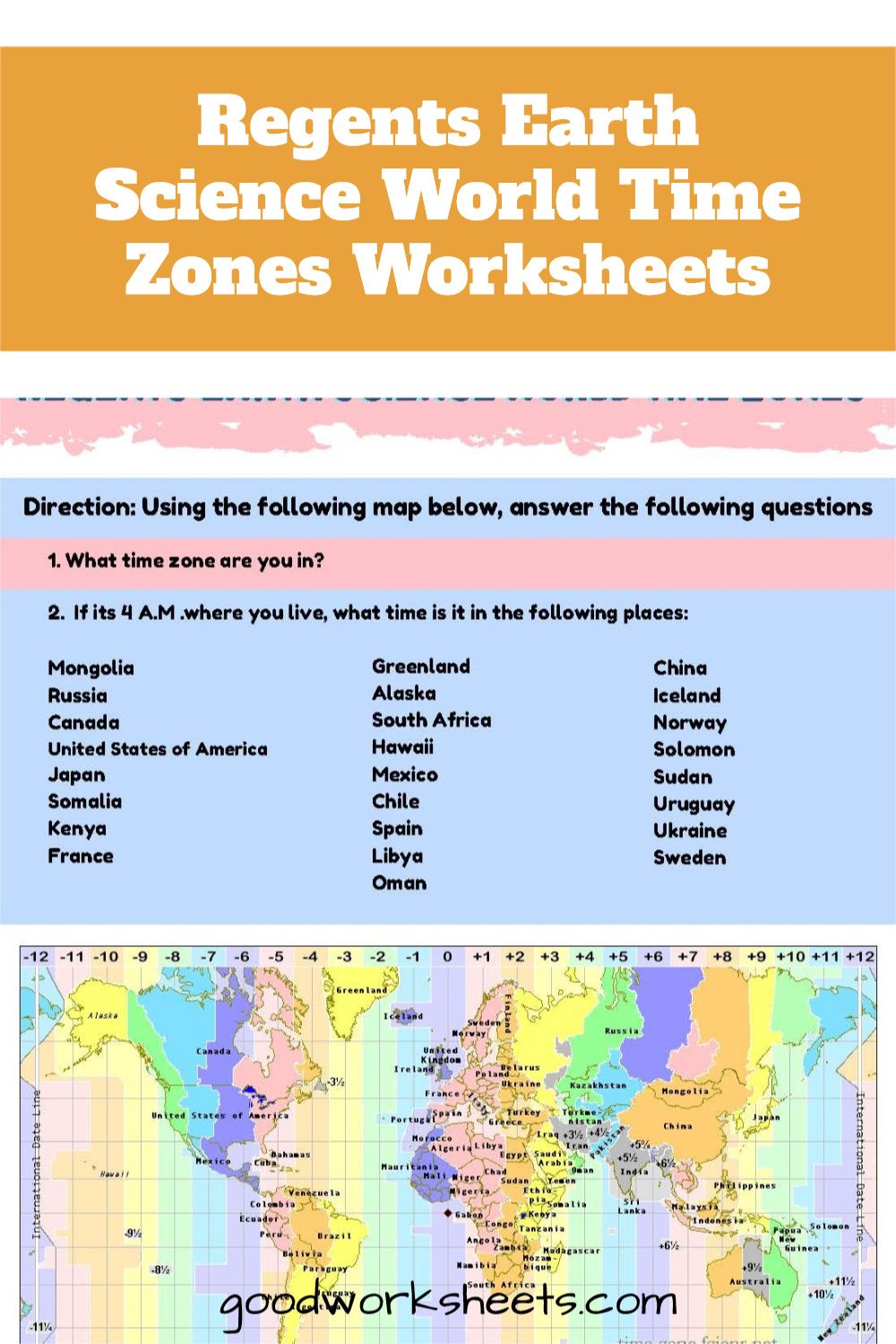 Regents Earth Science World Time Zones Worksheets World Time Zones Earth Science Time Zones