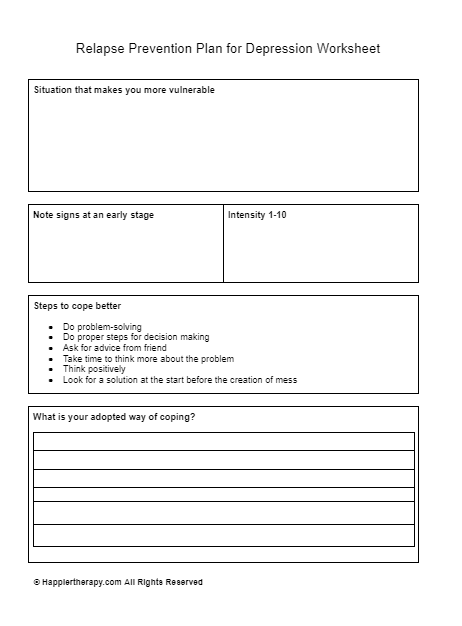 Relapse Prevention Plan For Depression Worksheet Happiertherapy