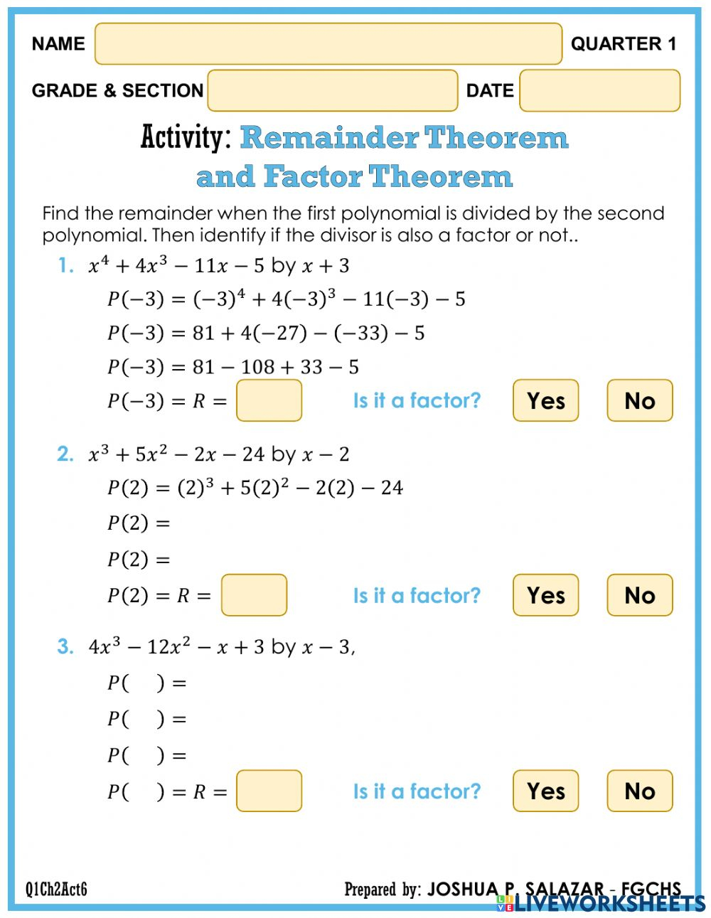 Remainder Factor Theorem Worksheet Factorworksheets Com