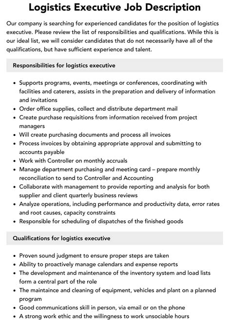 Roles And Responsibilities Of Logistics Executive Pdf