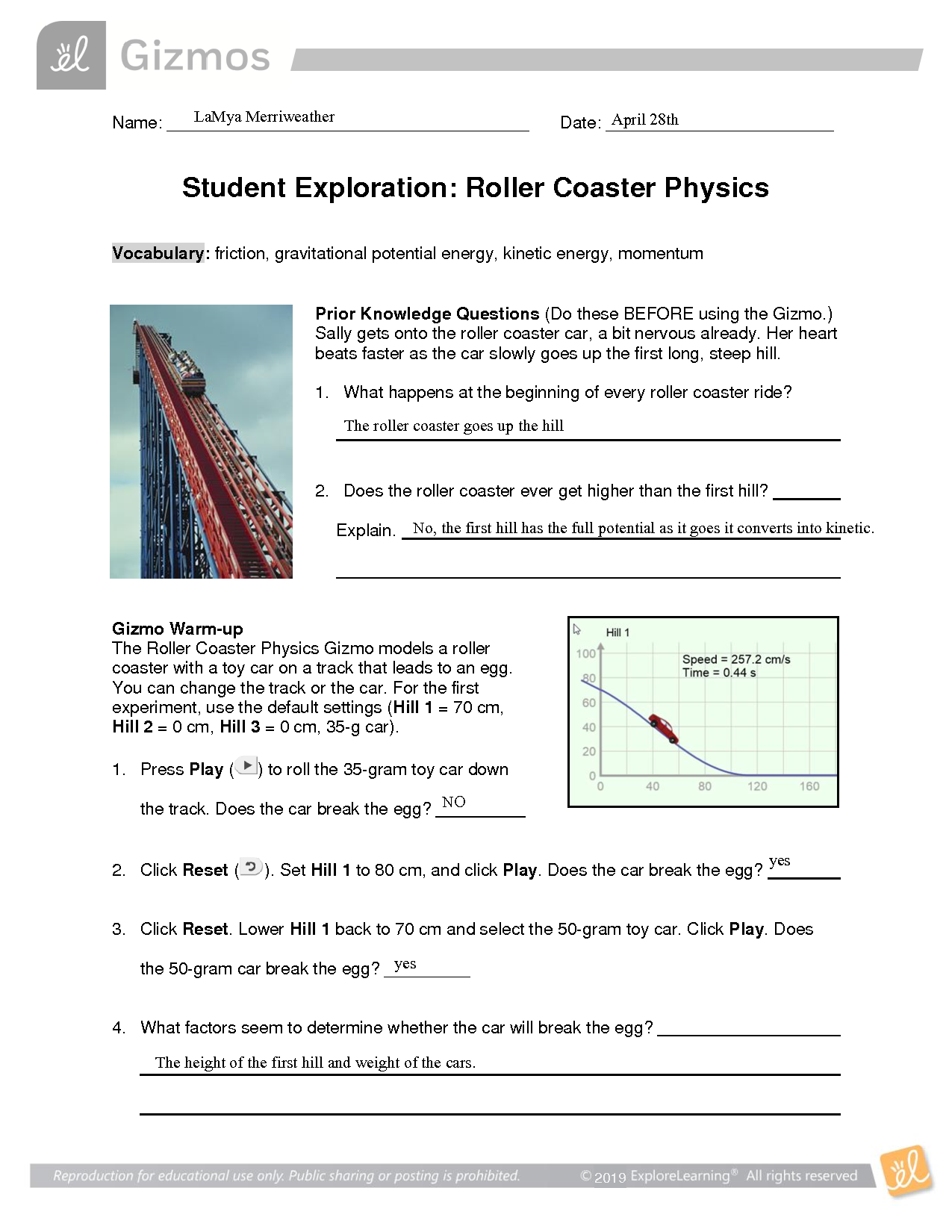 Roller Coaster Design Worksheet Answers Elementary Mathematics Worksheets