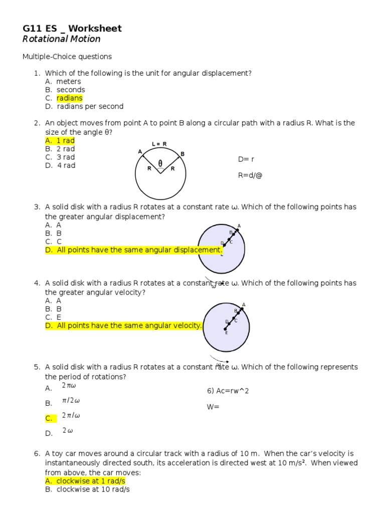 Rotational Motion Worksheet Pdf