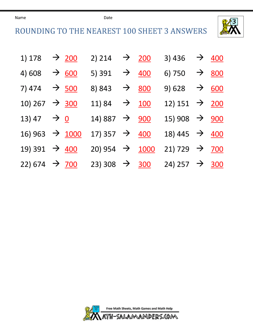 Rounding To The Nearest 100 Worksheets