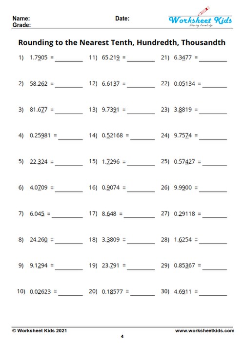 Rounding Numbers: Tenth and Hundredth Practice Sheets