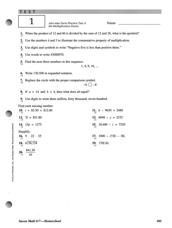 Saxon Math 7 6 Tests And Worksheets Pdf