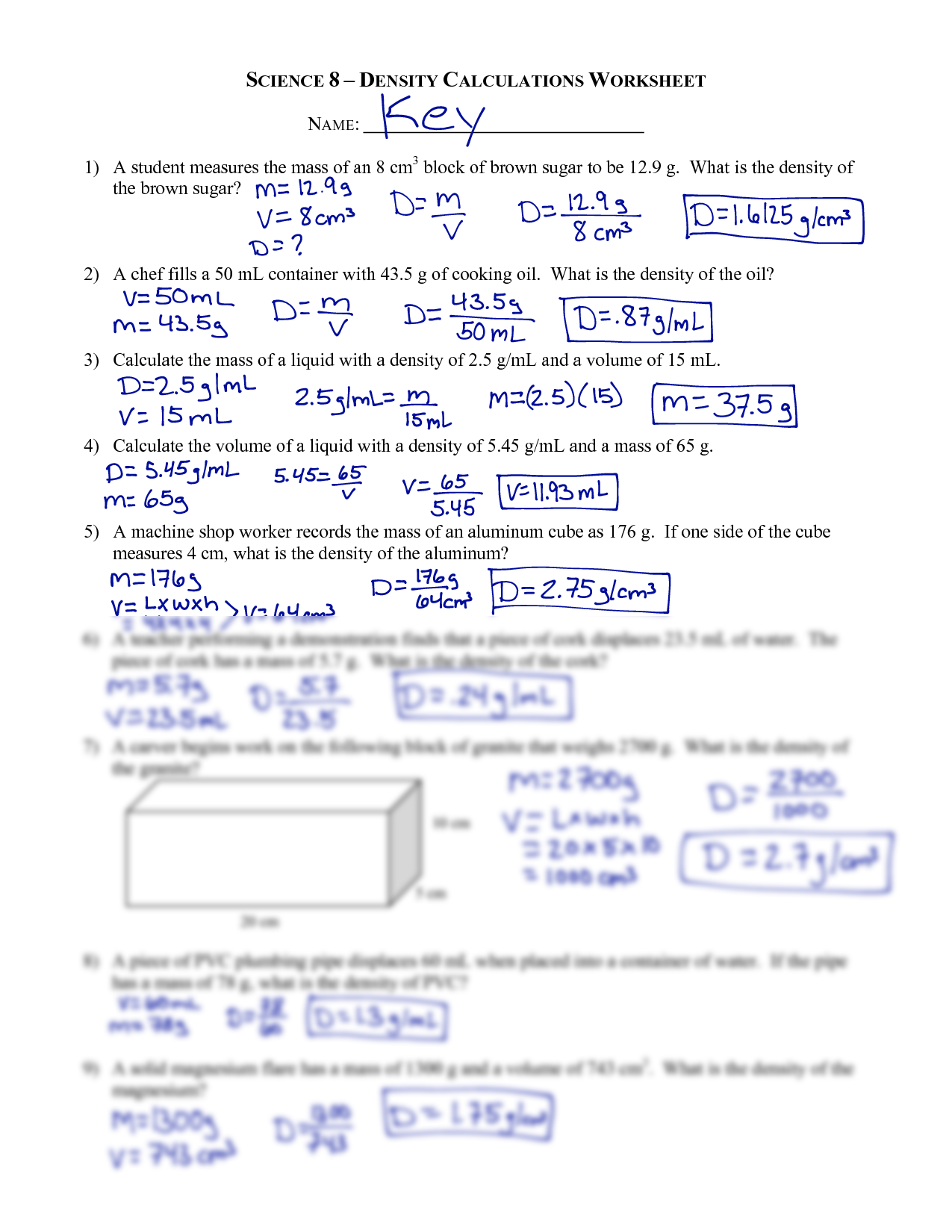 Science 8 Density Calculations Worksheet Answers With Work