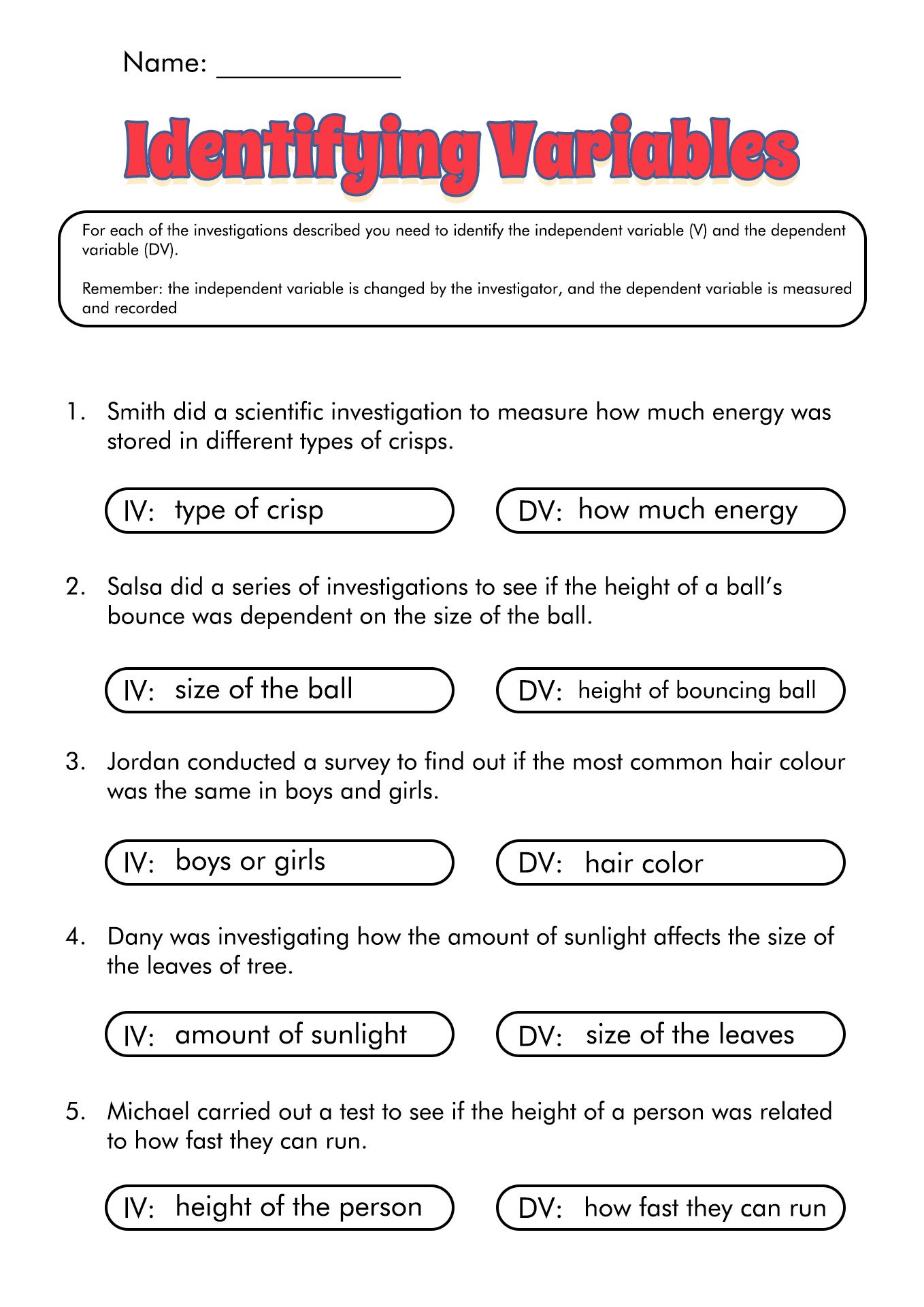 5 Science Variables Worksheets With Answers