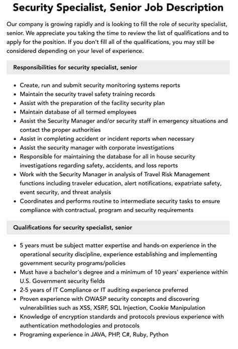 Security Specialist Senior Job Description Velvet Jobs