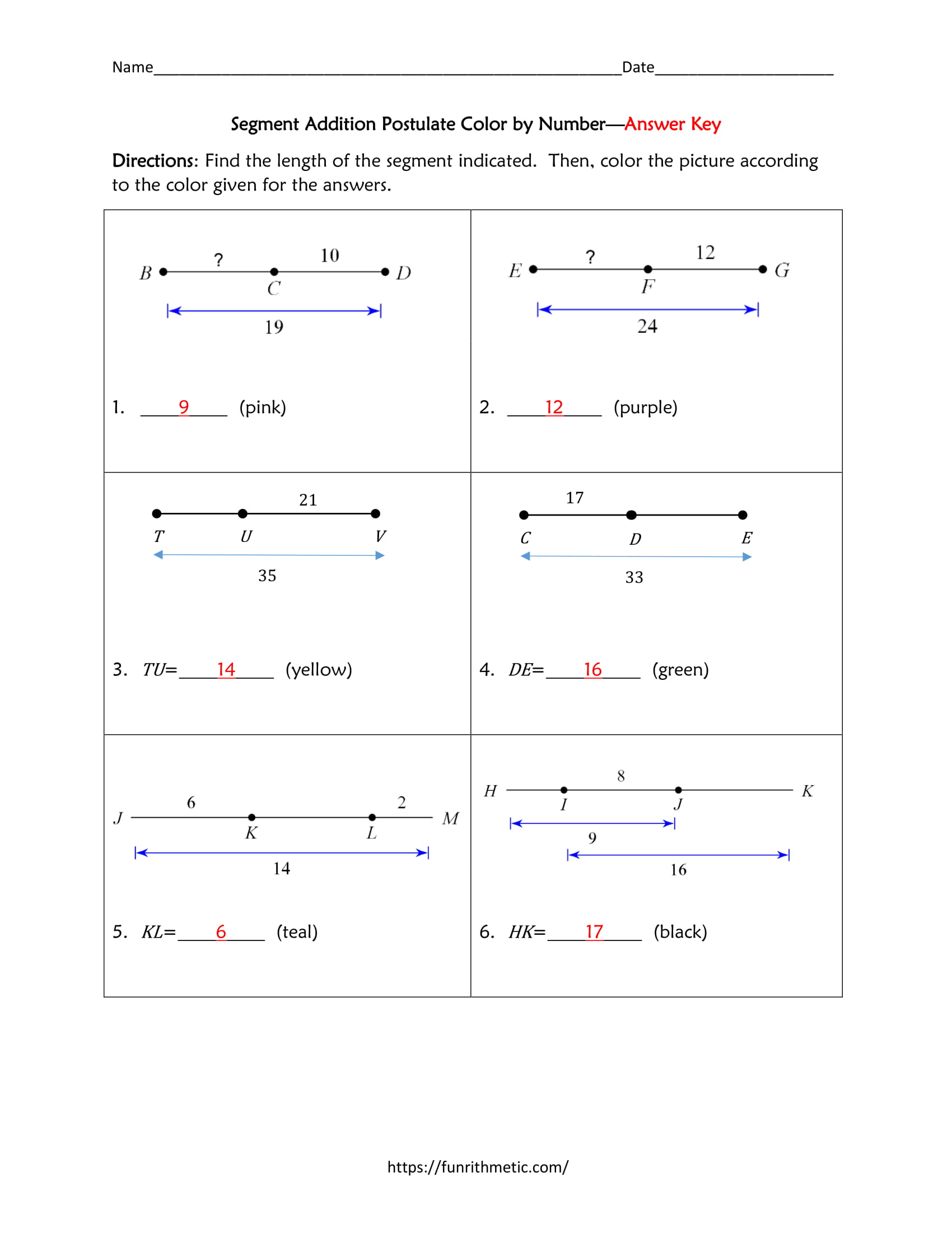 Segment Addition Postulate Color By Number 5 Funrithmetic