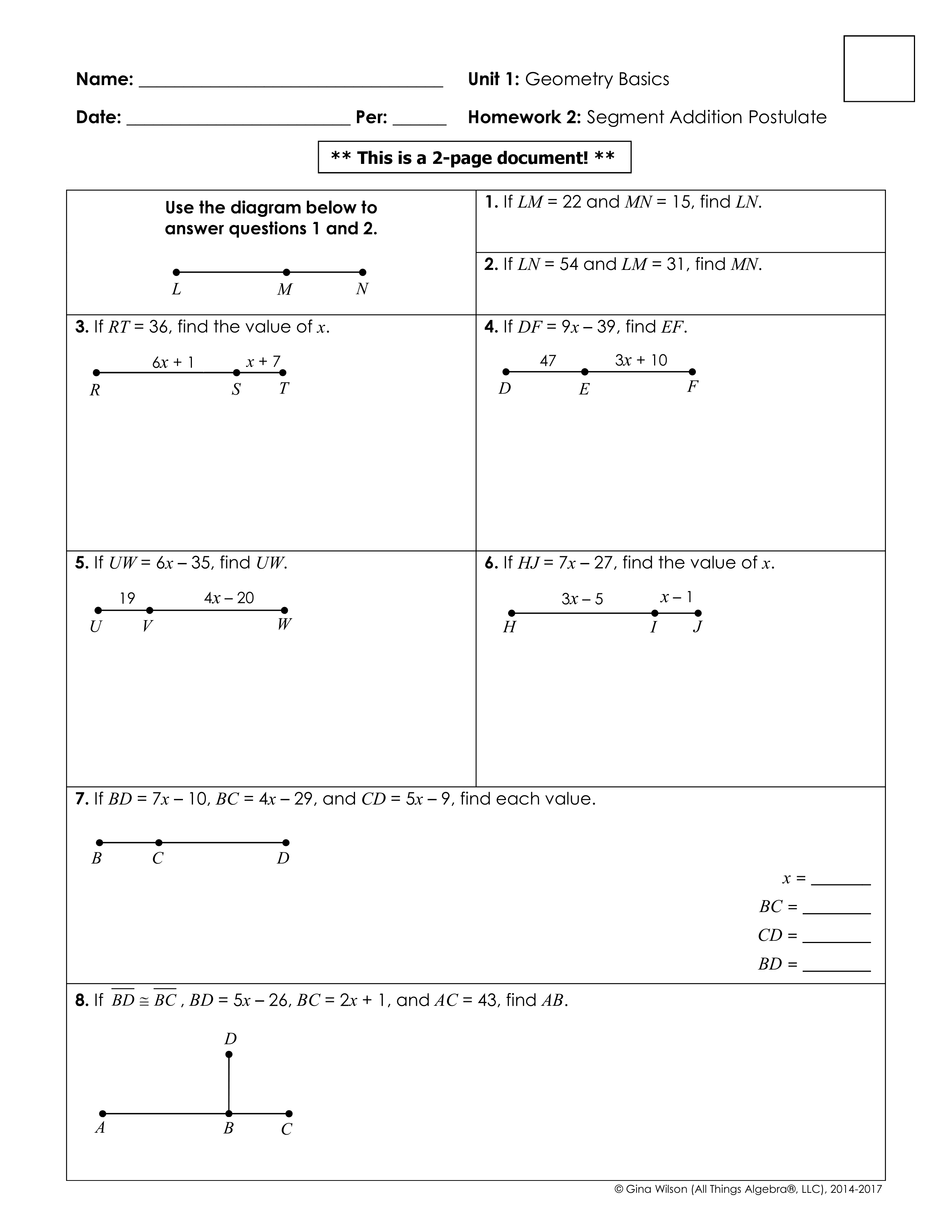 Segment Addition Postulate Worksheet W Key Tpt