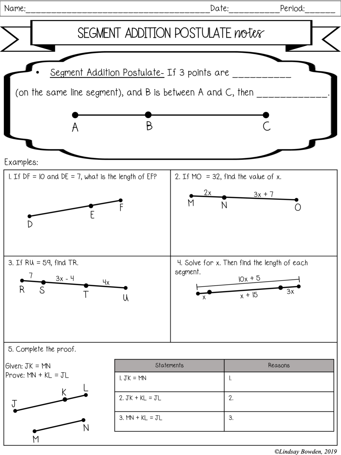 Segment And Angle Addition Postulate Notes And Worksheets Lindsay Bowden