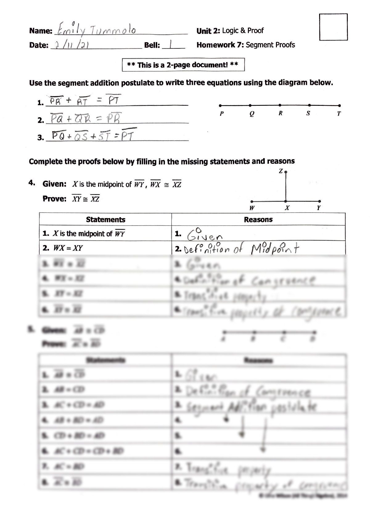 5 Quick Segment Proofs Worksheet Answers