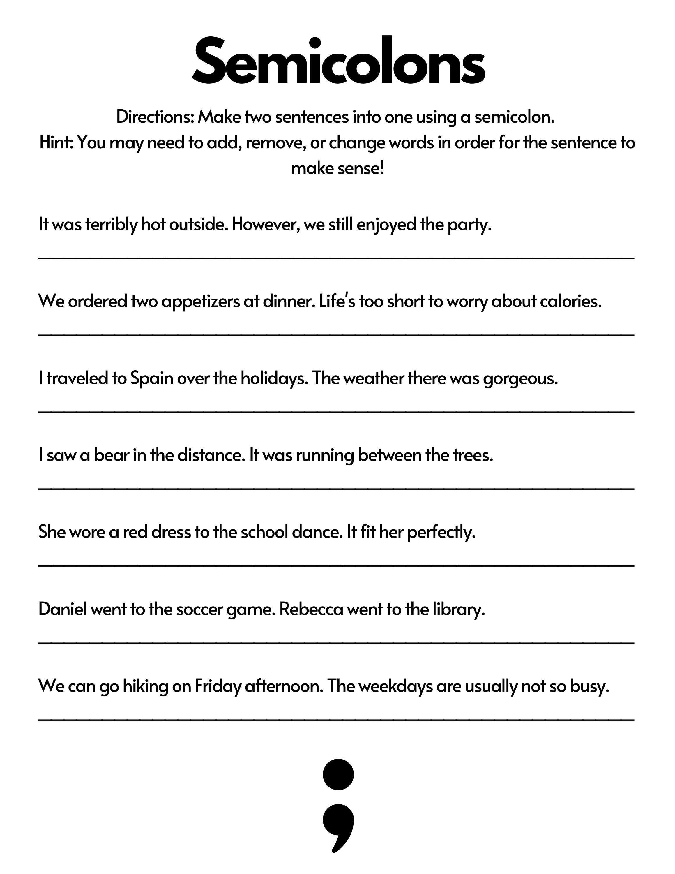 Semicolon English Language Worksheet Pdf Grammar And Punctuation Review Etsy