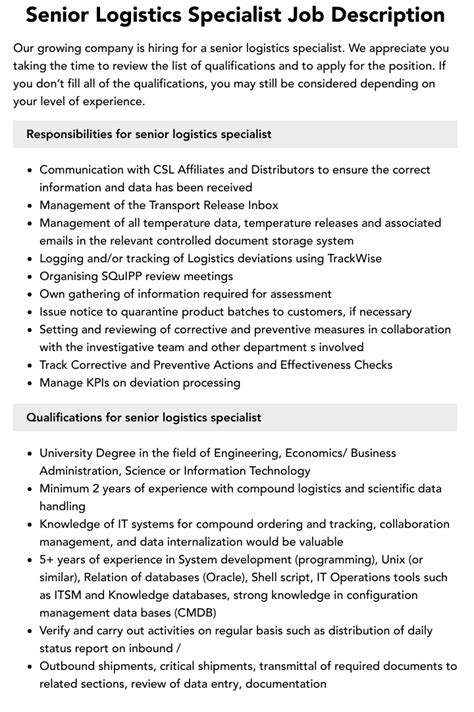 Senior Logistics Specialist Job Description Velvet Jobs