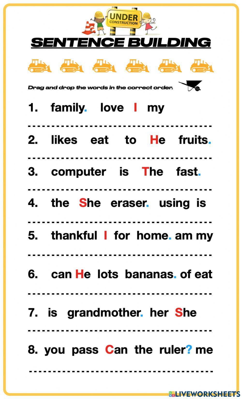 Sentence Building Worksheet First Grade