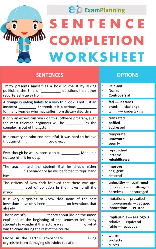 Sentence Completion Interactive Worksheet Live Worksheets