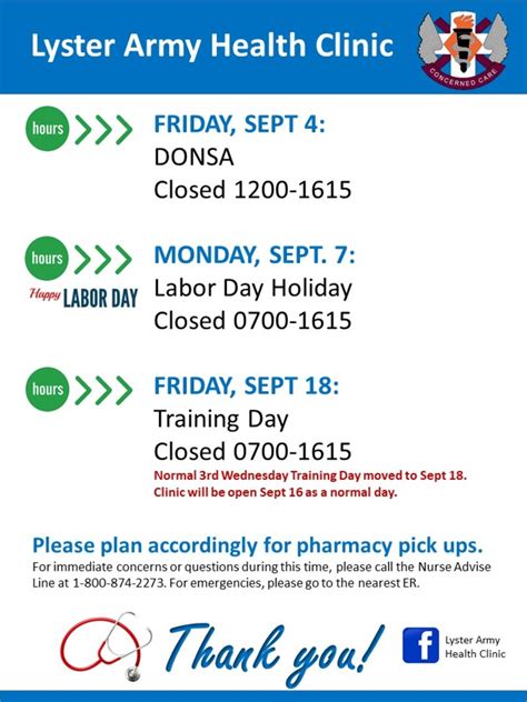 September Clinic Hours Lyster Army Health Clinic Articles