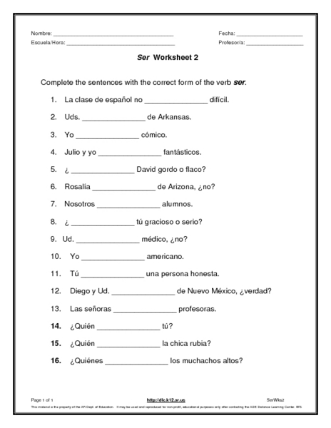 Ser Practice Worksheet: Master Spanish Verbs Easily