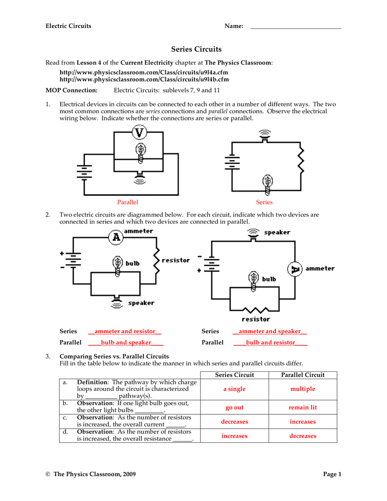 Series Circuits Worksheet With Answers Pdf