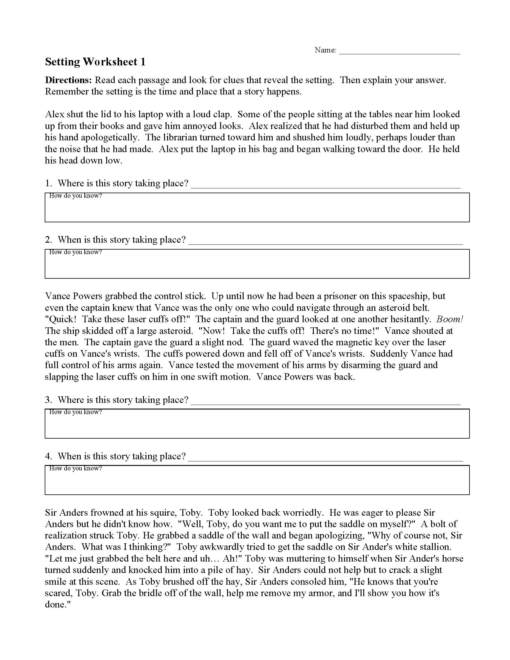 Setting Worksheet 1 Reading Activity