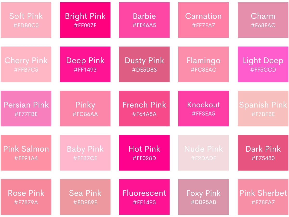 Shades Of Pink 129 Pink Colors With Names Hex Rgb Cmyk