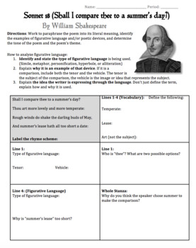 Shakespeare S Sonnet 18 Worksheet Packet Lesson Plan W Answer Key