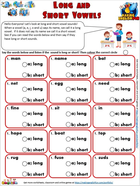 Short And Long Vowels Worksheets