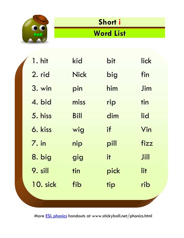 Short I Word List And Sentences