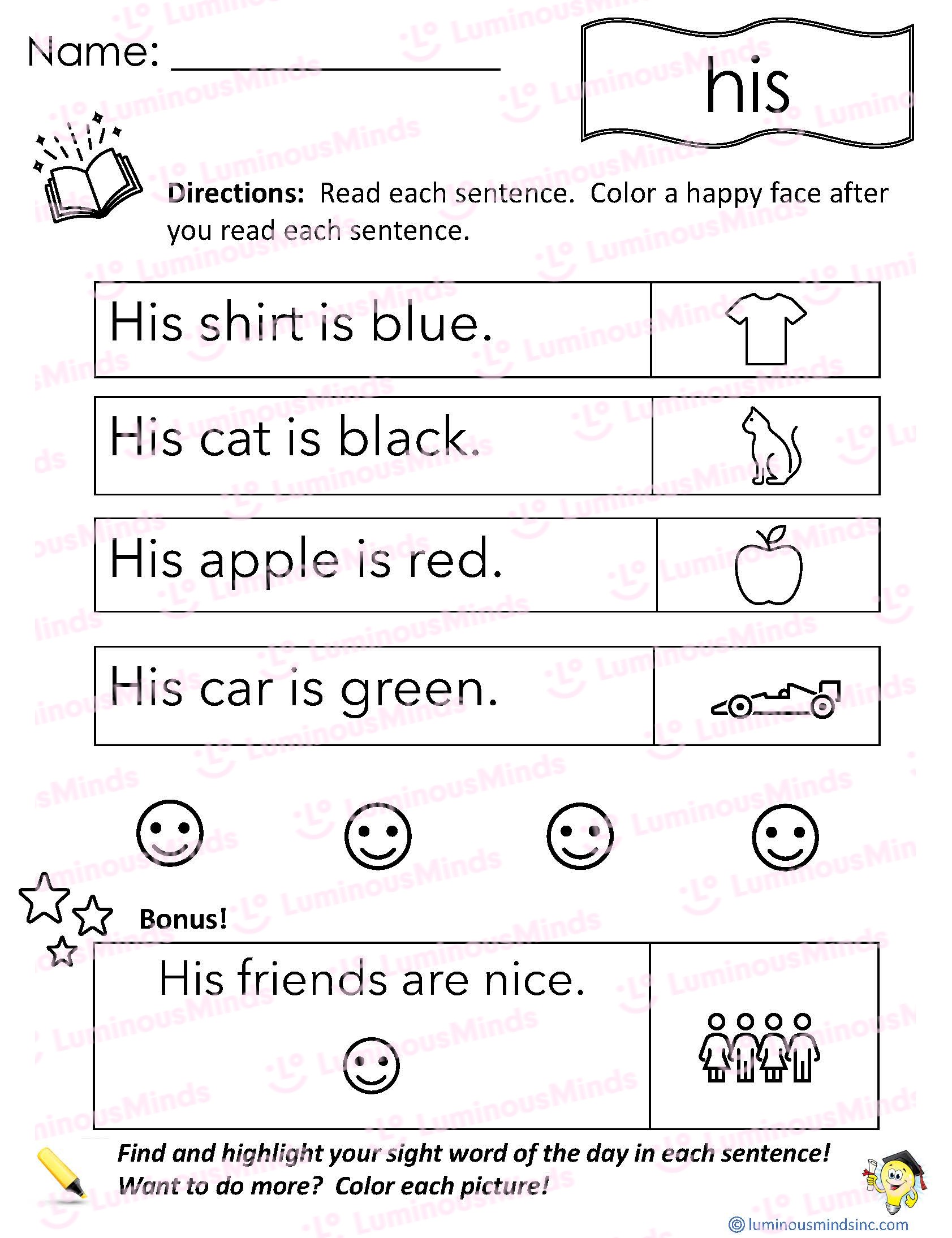 Sight Word His Worksheets