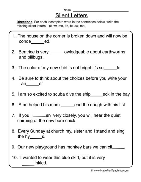 Silent Letters Worksheet Grade 4