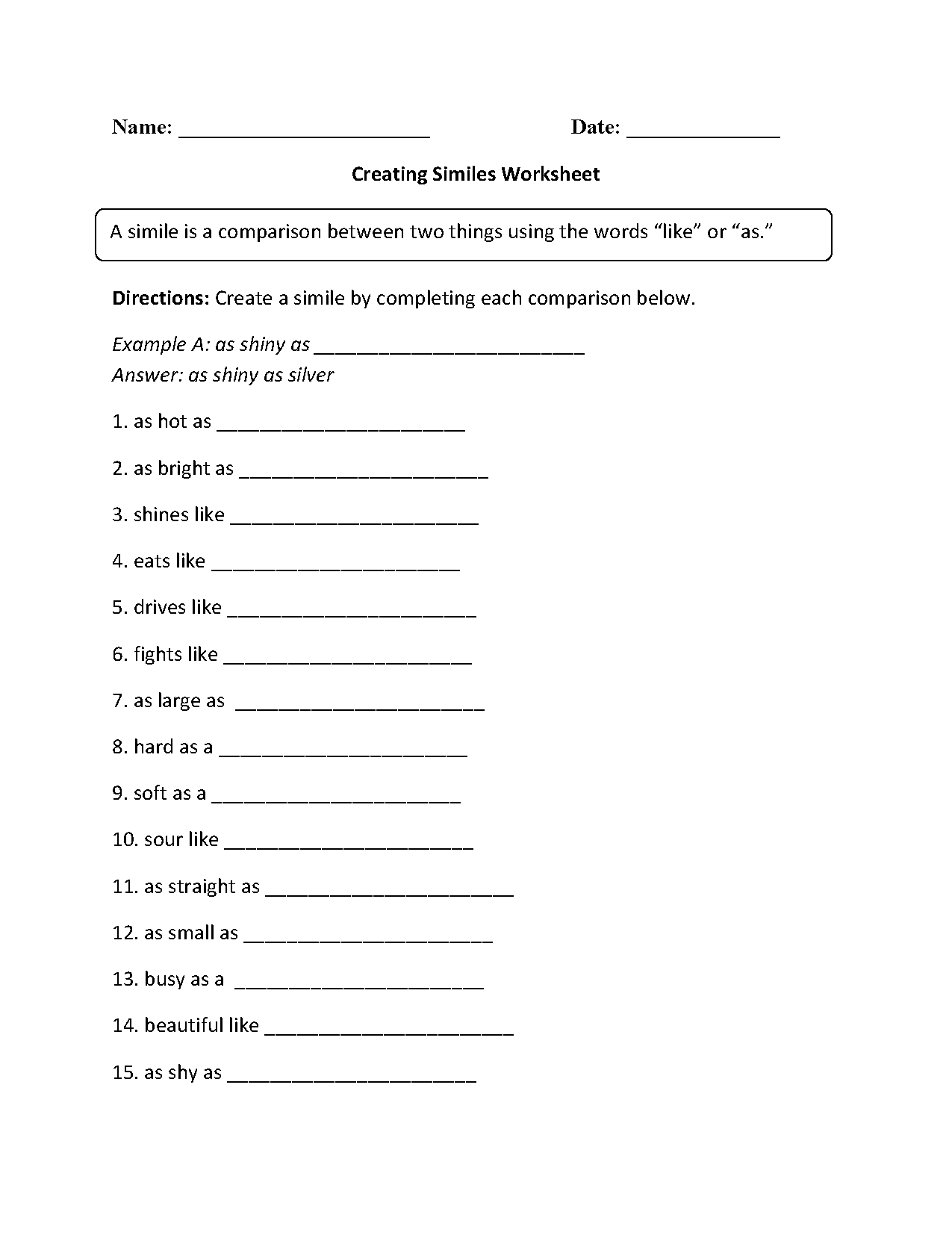 Similes Worksheets Creating Similes Worksheet