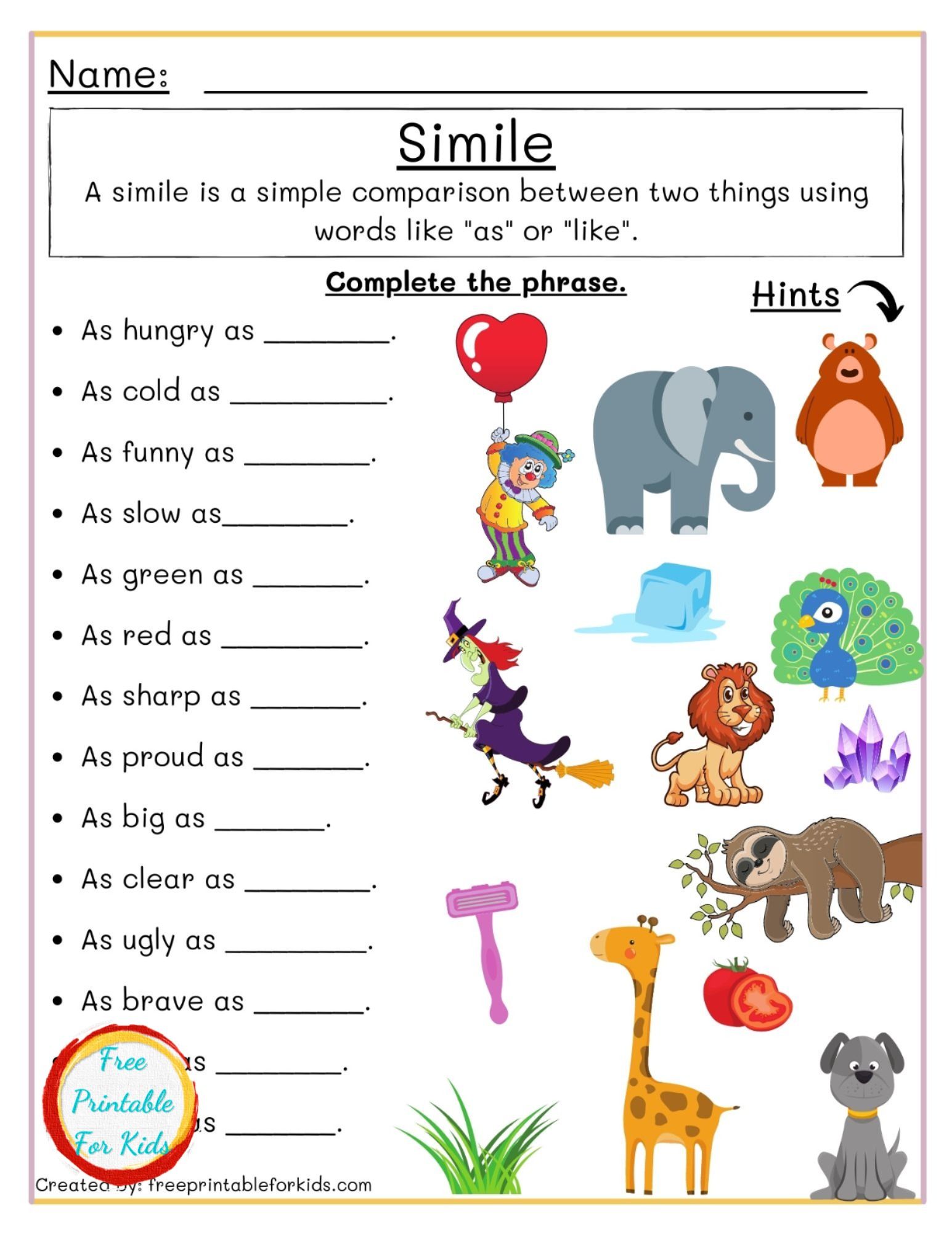 Similes Worksheets Writing Simile Worksheet