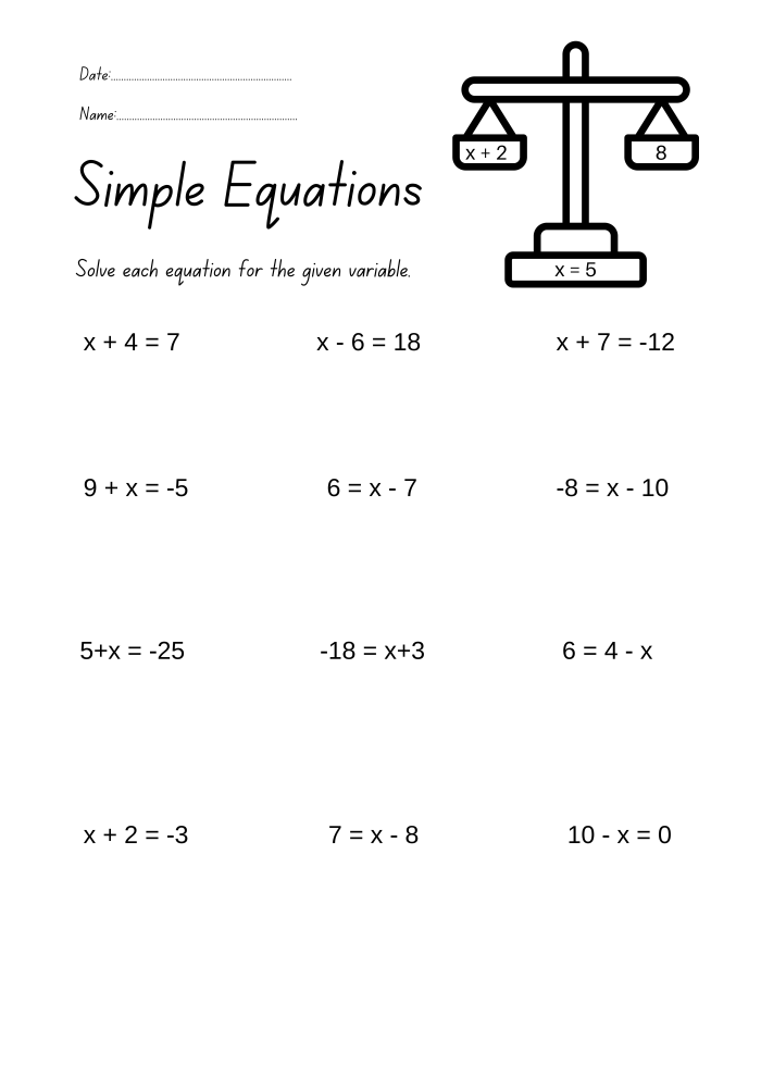 5 Simple Equations Worksheets for Math Mastery