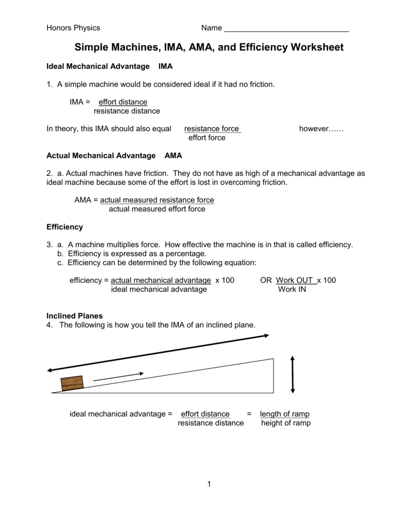 Mastering Simple Machines: IMA, AMA, Efficiency Worksheet Answers