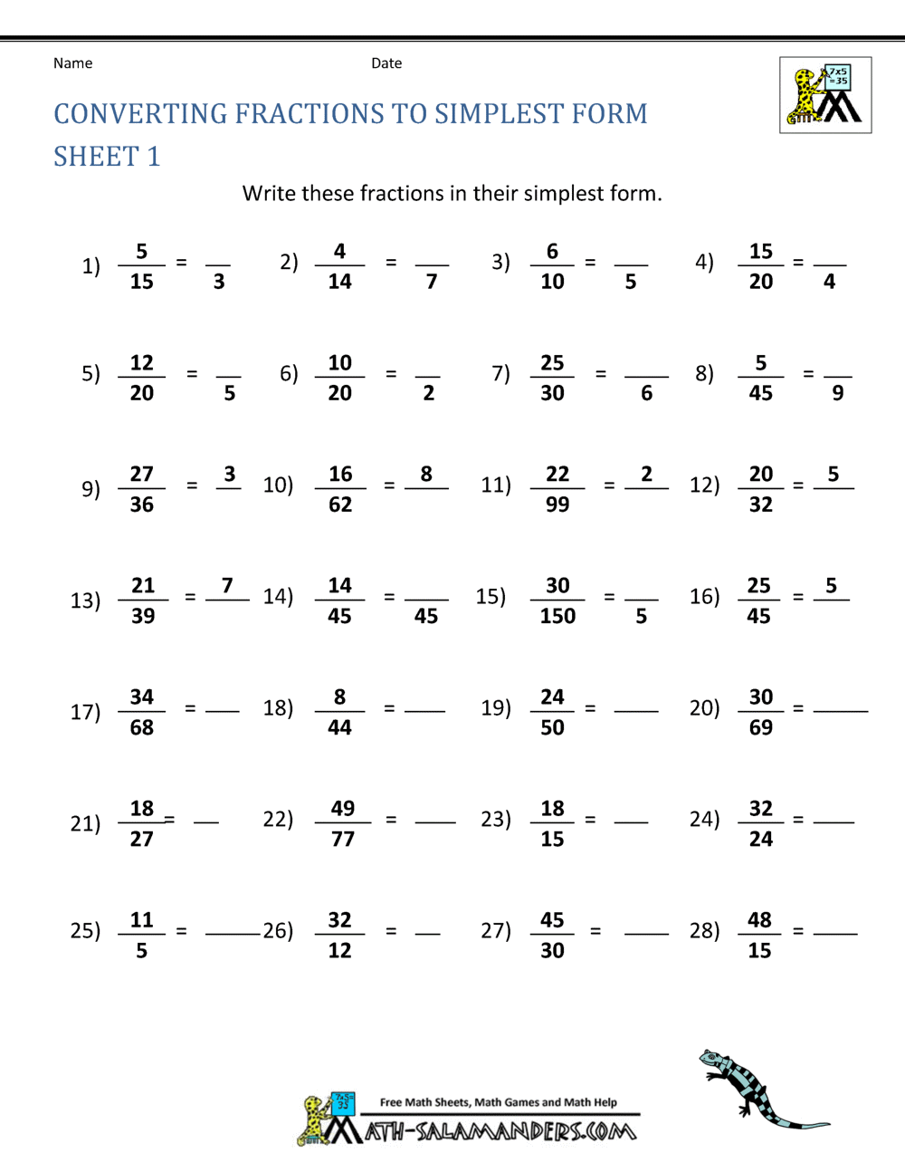 Simplest Form Worksheets