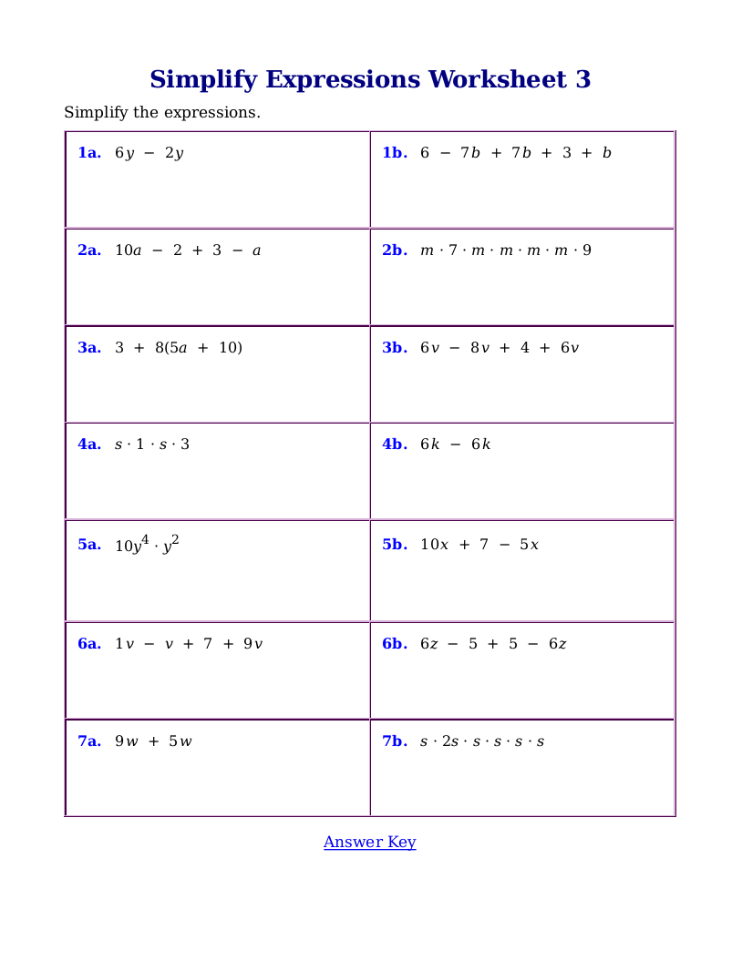 Simplify Expressions Worksheet