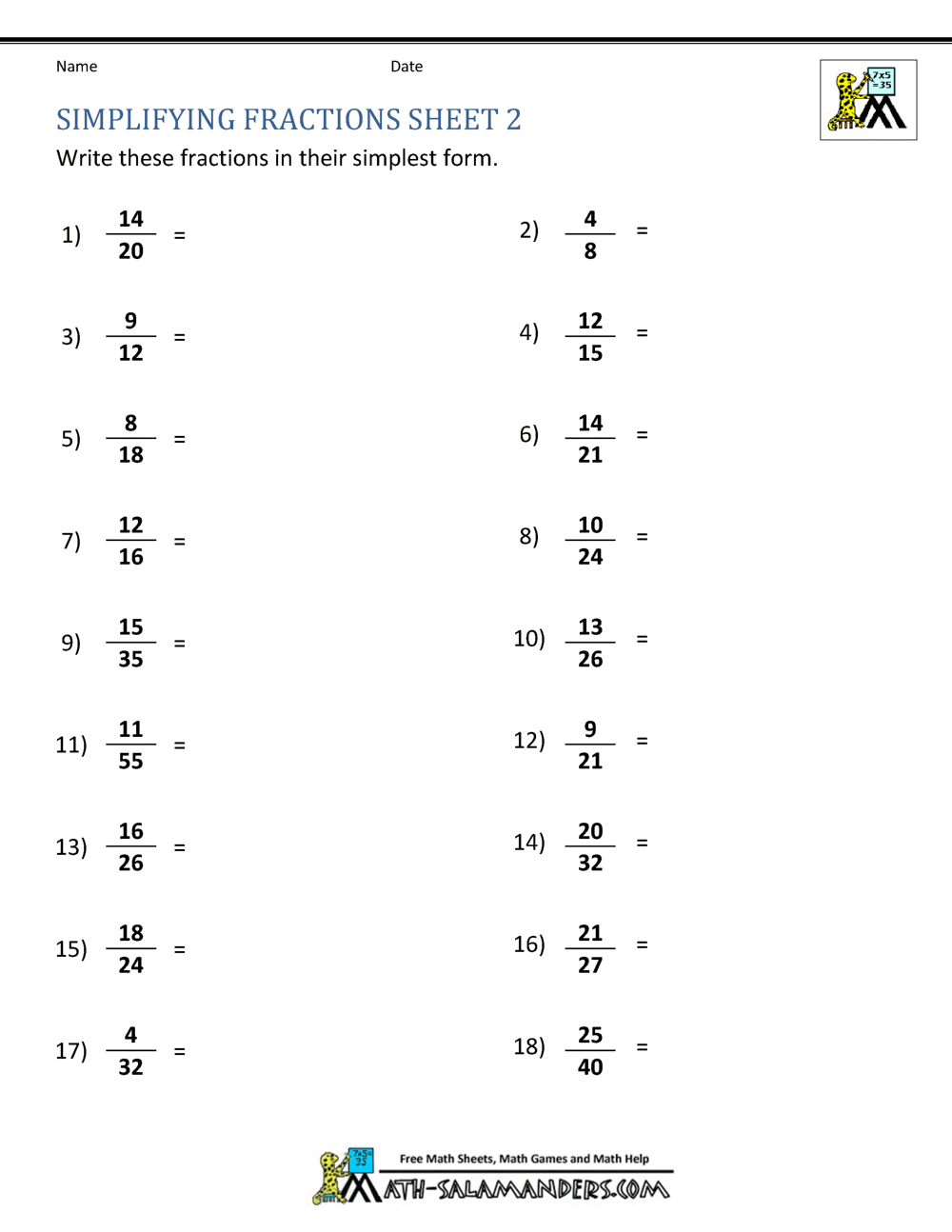 5 Engaging Worksheets to Simplify Fractions