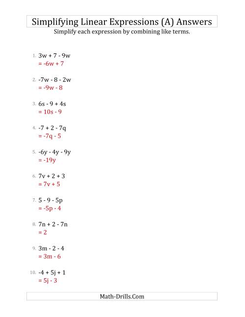 Simplifying Linear Expressions Worksheet E Street Light