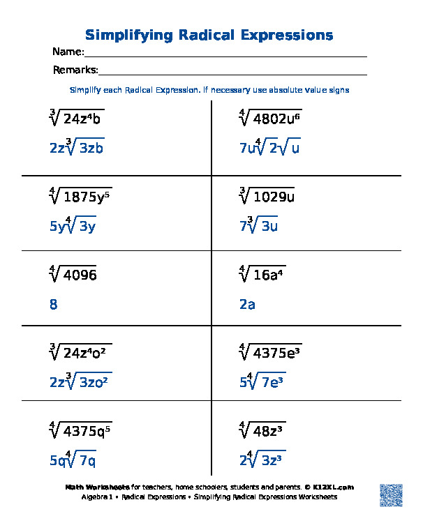 Simplifying Radical Expressions Worksheet Db Excel Com