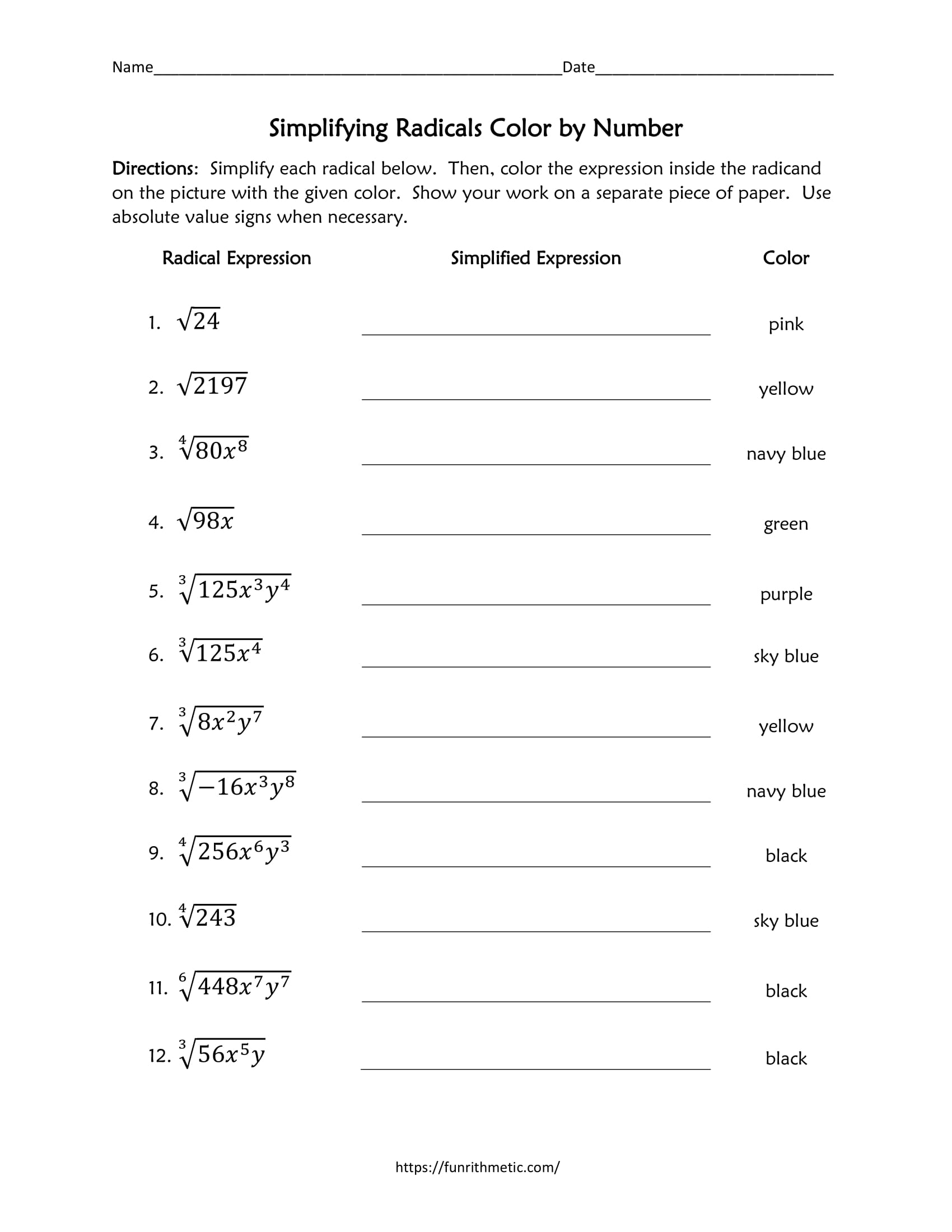 Simplifying Radicals Coloring Activity Worksheets Library