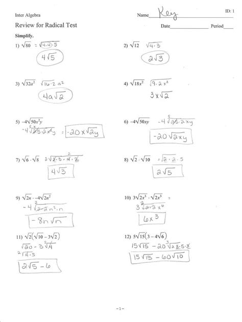 Simplifying Radicals Worksheet Answer Key