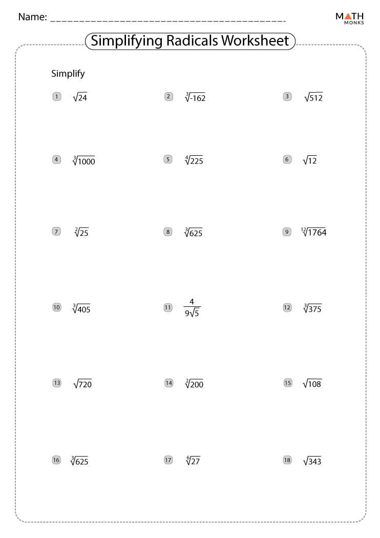 Simplifying Radicals Worksheets With Answers Worksheets Master