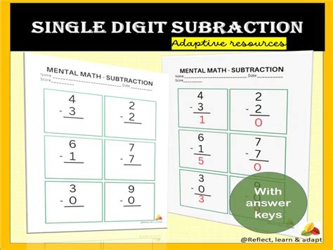 Single Digit Subtraction Worksheets Teaching Resources